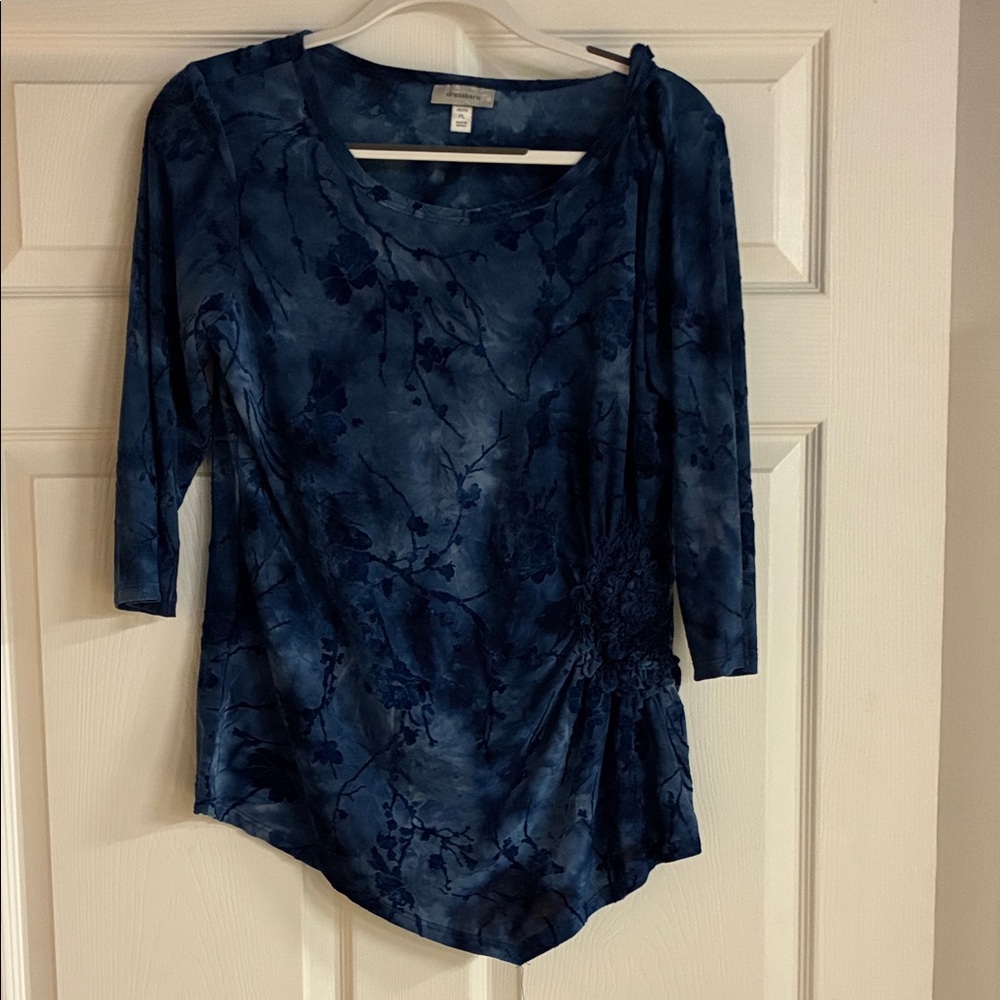 Dress Barn Navy Floral Ruched 3/4 Sleeve Tunic